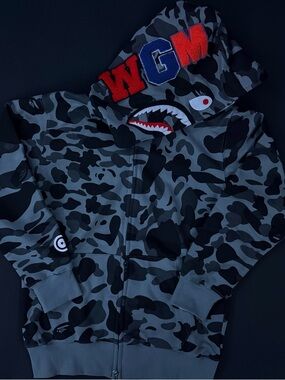 Bape Men's Grey Camo Shark Zip Up Hoodie with Red & Blue Lettering